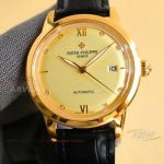 AAA replica Patek Philippe Swiss 9015 mechanical gold dial leather strap watch (1)_th.jpg